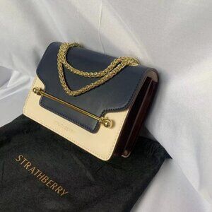 Strathberry East/West Mini Crossbody Bag in Navy, Ivory and Bordeaux Bicolor